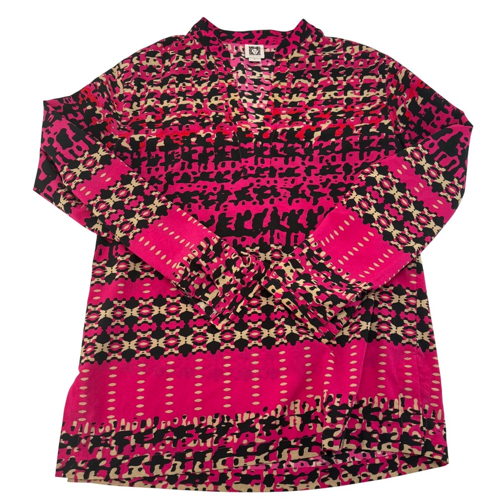 Anne Klein Pink Black Abstract Geometric V-Neck Long Sleeve Tunic Top Small